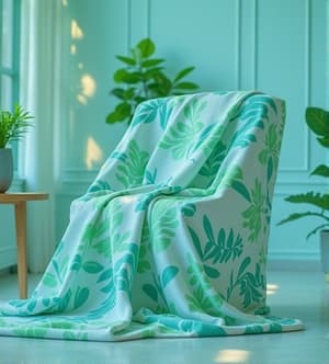 생기 넘치는 초록색과 흰색 패턴의 부드러운 친환경 원단이 잘 디자인된 거실을 보여주고 있습니다. 창문을 통해 햇빛이 들어와 원단이 우아하게 스타일리시한 안락의자에 draped 되어 있습니다. 의자 주변에는 화분과 나무 장식이 있어 따뜻하고 매력적인 분위기를 자아냅니다.