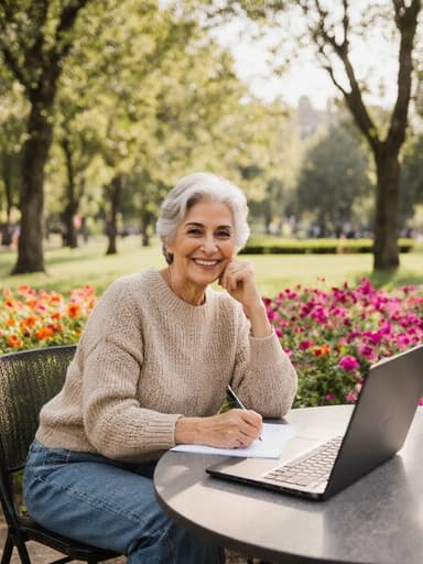자신감 넘치는 60대 중동계 여성이 편안한 니트 스웨터와 청바지를 입고, 아름다운 나무와 꽃들이 있는 평화로운 공원에서 노트북에 글을 쓰며 따뜻하게 미소 짓고 있습니다. 자연스러운 조명이 그녀의 행복한 표정을 강조하여 매력적인 분위기를 만들어냅니다.