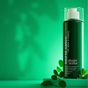 세련된 디자인의 샴 스프레이 병이 멋진 욕실 화장대에 놓여 있습니다. 빛이 병의 광택 있는 표면에 반사되고, 배경에는 부드러운 녹색 식물과 맑은 거울이 있어 상쾌하고 깨끗한 분위기를 더합니다.