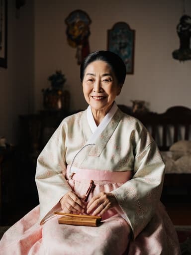 전통 한복을 입은 평온한 80대 한국인 여성이 윷놀이 도구를 손에 들고 아늑한 거실에 앉아 따뜻한 미소를 지으며 대화하는 모습, 부드러운 파스텔 색상과 전통 장식이 분위기를 더해줍니다.