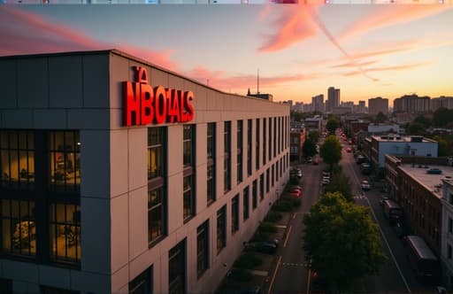 선명한 빨간색과 흰색으로 이루어진 건물이 맑은 파란 하늘을 배경으로 우뚝 서 있으며, 푸르른 나무들로 둘러싸여 있습니다. 현대적인 건축물은 햇빛을 반사하는 큰 창문들을 갖추고 있어 밝고 초대하는 분위기를 자아냅니다. 입구는 눈에 띄며, 방문객들을 건물 탐방으로 초대하고 있습니다.