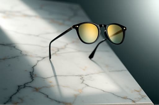 세련된 선글라스 한 쌍이 매끈한 대리석 표면 위에 놓여 있으며, 주위의 부드러운 빛을 반사하여 우아한 디자인과 프리미엄 품질을 드러냅니다. 대리석의 섬세한 줄무늬가 선글라스를 보완하여 이미지의 고급스러움을 더합니다.