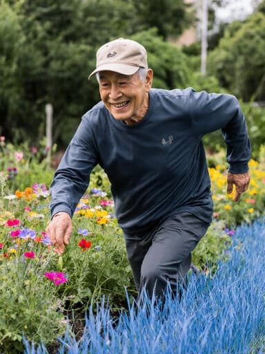 이 이미지는 70대의 한국인 남성이 편안한 운동복과 모자를 착용하고, 정원에서 꽃을 돌보며 달려가는 모습을 담고 있습니다. 배경은 푸른 잔디와 다양한 꽃들로 가득 차 있으며, 평온하고 즐거운 분위기를 만들어냅니다.
