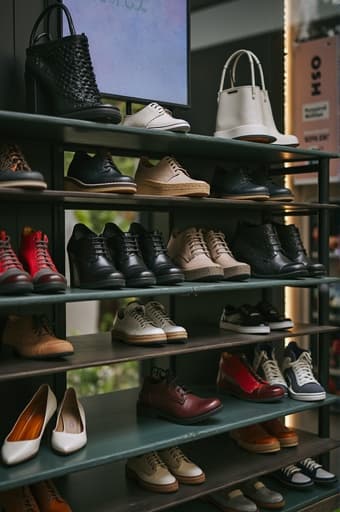 다양한 스타일과 색상의 신발들이 세련된 나무 선반 위에 놓여 있는 생동감 넘치는 모습, 모던한 소매점의 부드럽게 흐릿한 배경과 함께. 밝고 매력적인 조명이 각 신발의 질감과 디테일을 강조하며, 에너지 넘치고 패셔너블한 분위기를 만들어낸다.