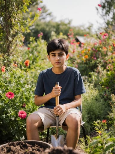중동계 10대 초반 소년이 자연스러운 외모와 약간 피곤한 표정을 지으며 정원 의자에 앉아 정원 도구를 쥐고 있습니다. 화려한 꽃과 푸른 정원의 배경이 평화로운 분위기를 자아내며, 그의 편안한 티셔츠와 반바지와 잘 어울립니다. 이 이미지는 자연 속에서의 휴식 순간을 포착합니다.
