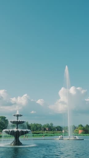 아름다운 장식용 분수가 푸르른 정원에 우아하게 놓여 있으며, 물이 부드럽게 흐르며 햇빛에 반짝이고 있습니다. 주변의 녹음은 편안한 분위기를 더해주며, 휴식을 위한 이상적인 중심 요소가 됩니다.