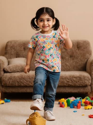 7세 중동계 여아의 매력적인 반신 사진으로, 아늑한 거실에서 화려한 패턴의 티셔츠와 편안한 청바지를 입고 있습니다. 장난기 가득한 표정으로 한 손으로 인사하며 신발을 신고 있는 모습이 따뜻한 분위기 속에 장난감과 소파로 둘러싸여 있습니다.