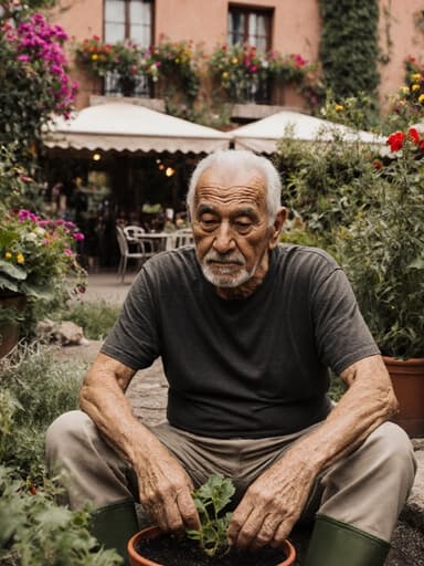 80대의 라틴계 남성이 자연스럽고 지혜로운 외모와 깊은 주름을 가진 모습의 반신 사진입니다. 그는 편안한 티셔츠와 바지, 그리고 정원에 어울리는 튼튼한 작업용 장화를 신고 있습니다. 바닥에 앉아 손으로 작은 식물을 만지며 사색에 잠긴 모습입니다. 배경은 아름답게 꾸며진 정원 한쪽에 위치한 카페 테라스로, 다양한 꽃과 식물이 자생하고 있어 평화로운 분위기를 자아냅니다.