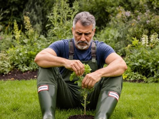 자연스러운 외모의 40대 라틴계 남성이 작업복을 입고 푸르른 정원에 앉아 식물을 살펴보며 불만스러운 표정을 짓고 있습니다. 그의 표정은 식물의 건강에 대한 걱정을 표현하고 있습니다.
