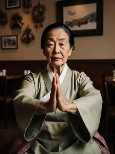 전통 한복을 입은 80대 백인 여성의 반신 상반신 샷으로, 편안한 카페에서 요가를 시도하며 손을 앞으로 뻗고 지루한 표정을 짓고 있습니다. 전통 공예품으로 가득한 아늑한 분위기가 감도는 장면입니다.