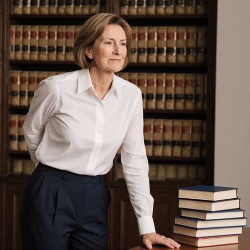 법률 도서관의 서가 옆에서 스트레칭을 하고 있는 40대 여성의 반신 사진입니다. 그녀는 자연스러운 외모를 가지고 있으며, 전문적인 블라우스와 정장 바지를 착용하고 있으며, 자세를 풀며 찡그린 표정을 짓고 있습니다. 배경에서는 법률 서적이 가득한 서가가 강조되어 학문적이고 전문적인 분위기를 조성합니다.