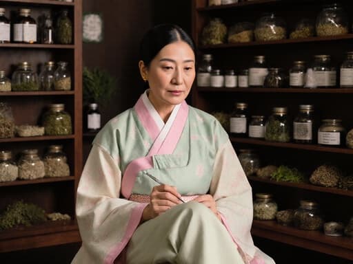 50대 중동계 여성이 전통적인 한복 스타일의 의상을 입고, 침 치료 도구를 손에 들고 분노한 표정으로 앉아 있는 모습의 반신 사진. 배경은 다양한 한약재가 진열된 한약 조제실입니다.