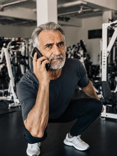 50대 중동계 남성이 한 손으로 귀에 대고 전화를 사용하며 당황한 표정을 짓고 있는 반신 샷. 운동복과 운동화를 착용하고 있으며, 배경에는 다양한 운동 기구가 있는 실내 체육관이 보입니다. 활기찬 라이프스타일 테마를 강조합니다.