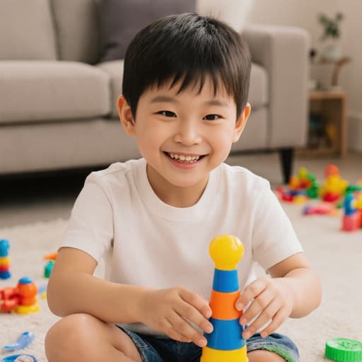 밝고 아늑한 거실에서 장난감이 흩어져 있는 모습 속에서, 목욕 장난감을 가지고 놀고 있는 즐거운 표정을 짓고 있는 7세 남성 동양인의 반신 사진으로, 장난기 가득한 분위기를 보여줍니다.