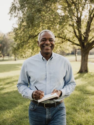 50대 흑인 남성이 편안한 청바지와 캐주얼한 셔츠를 입고, 아름다운 나무와 잔디가 있는 공원에서 매력적인 미소를 지으며 걷고 있습니다. 그는 노트를 들고 글을 적고 있는 듯한 모습입니다.