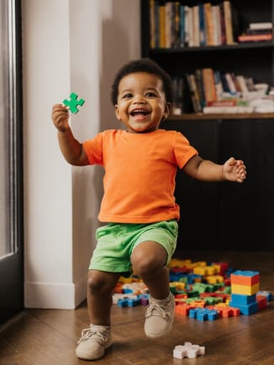 이 이미지는 아늑한 카페에서 밝은 색상의 티셔츠와 반바지를 입고 퍼즐 조각을 들고 즐겁게 춤추고 있는 혼혈 1세 아기의 모습이 담겨 있습니다. 주변에는 책과 장난감이 놓여 있어 따뜻한 분위기를 연출합니다.