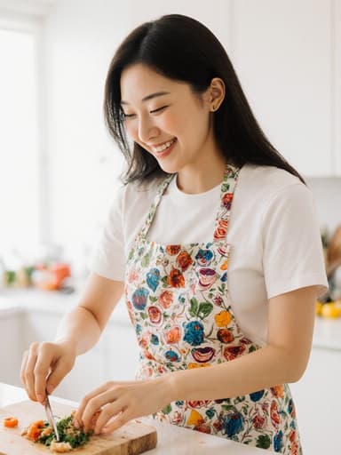 20대 동양인 여성 모델이 편안한 주방 스타일의 에이프런과 캐주얼한 티셔츠를 입고, 환한 주방에서 다양한 신선한 재료들과 함께 요리를 즐기며 춤추듯이 편안한 표정을 짓고 있는 모습의 반신 샷입니다.