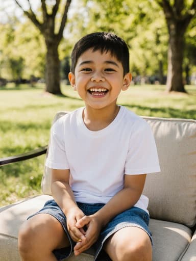 햇볕이 잘 드는 공원에서 소파에 앉아 있는 귀여운 외모의 7세 라틴계 남자아이. 그는 편안한 티셔츠와 반바지를 입고 활발한 표정을 짓고 있으며, 친구와 숨바꼭질에 대해 이야기하며 다리를 가볍게 흔들고 있다. 배경은 푸른 나무와 잔디로 가득 차 있어 이 순간의 즐거운 분위기를 더한다.