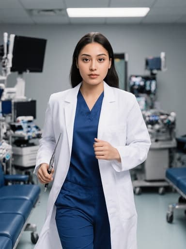 긴급 대기 공간에 의료 장비가 배치된 배경 앞에서 의료 기구를 손에 들고 빠르게 달려가는 10대 후반의 자신감 있는 라틴계 여성 모델이 의사 가운과 의료용 스크럽을 착용하고 있는 전체 신체 사진입니다.