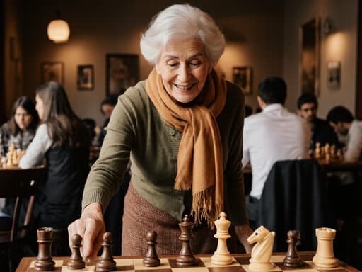 70대 중동계 여성의 반신 사진으로, 자연스럽고 친근한 외모가 돋보입니다. 편안한 카디건과 스커트를 입고 따뜻한 색조의 스카프를 매고 있습니다. 만족스러운 표정을 지으며 체스판 위의 말을 점프하는 자세로 움직이며 즐거운 기분을 표현합니다. 배경에는 다양한 사람들이 체스를 즐기는 아늑한 카페 내부가 있어 따뜻하고 초대하는 분위기를 만들어냅니다.