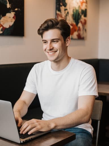 20대 백인 남성이 아늑한 카페 테이블에 앉아 노트북으로 디자인 작업을 하고 있습니다. 그는 캐주얼한 흰색 티셔츠와 청바지를 입고 자연스럽게 미소 지으며 자신감 넘치는 모습을 보이고 있습니다. 카페 배경은 벽에 걸린 예술적인 디자인 작품들로 아늑한 분위기를 연출하고 있습니다.