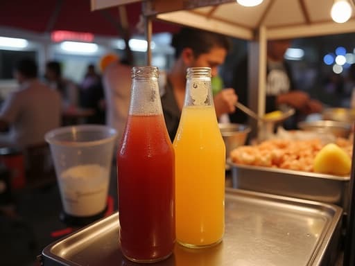 주스 병, 번화한 야시장 거리의 음식 포장마차, 활기찬 분위기
