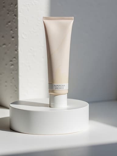 선크림, 스킨케어, 개인 관리, 뷰티 제품, 깨끗하고 세련된 현대적 느낌, 부드러운 그림자와 미세한 질감이 있는 미니멀한 스튜디오 배경, 부드러운 흰색과 회색의 대비.
