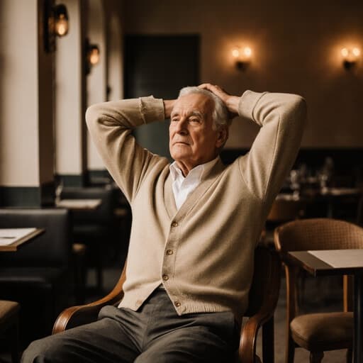 70대 유럽계 남성이 전통적인 유럽 스타일의 의상을 입고 아늑한 카페에서 스트레칭을 하고 있는 반신 샷, 따뜻한 조명이 비추고 있습니다.