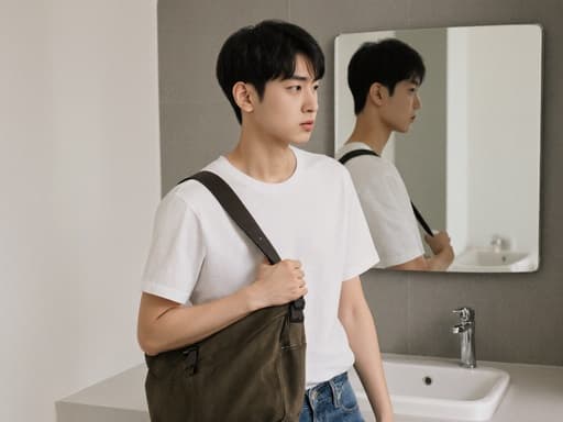 10대 초반의 동양인 남성이 현대적인 화장실에서 캐주얼한 티셔츠와 청바지를 입고 스타일리시한 가방을 한쪽 어깨에 메고 서 있습니다. 그는 약간 불만스러운 표정을 지으며 한 손으로 가방의 스트랩을 잡고 있고, 현대적인 화장실 배경이 이미지의 신선하고 깨끗한 분위기를 더해줍니다.