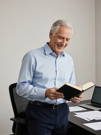 60대 유럽계 남성이 비즈니스 캐주얼 복장을 하고 현대적인 오피스 환경에서 책을 읽으며 행복하게 웃고 있는 모습, 책상에는 노트북과 서류가 놓여 있어 즐거움과 집중이 느껴지는 이미지.