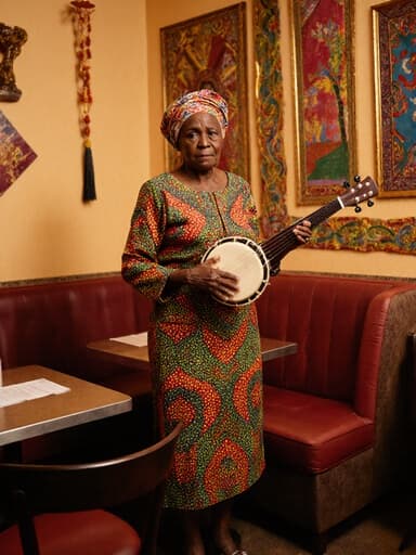 70대 아프리카계 여성이 전통 아프리카 드레스를 입고, 약간 지루한 표정을 지으며 전통 악기를 들고 점프하는 모습의 전신 사진. 배경은 전통 아프리카 음악을 즐길 수 있는 아늑한 카페 분위기입니다.