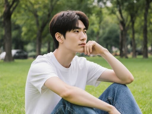 20대 한국 남성이 반신샷으로 묘사되며, 편안한 티셔츠와 청바지를 착용하고 잔디 위에 앉아 있다. 그는 손으로 턱을 괴고 약간 찡그린 표정으로 깊은 생각에 잠긴 듯 보인다. 배경의 푸른 잔디와 나무들은 이 장면의 평화로운 분위기를 더욱 강조한다.
