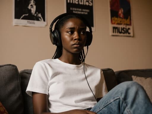 10대 초반 아프리카계 소녀가 캐주얼한 티셔츠와 청바지를 입고 아늑한 소파에 앉아 이어폰을 끼고 음악을 듣고 있는 모습입니다. 약간 짜증난 표정을 지으며, 음악 관련 포스터가 붙은 따뜻한 거실 배경이 그녀의 음악과의 상호작용을 강조하는 친근하고 표현력 있는 분위기를 만들어냅니다.