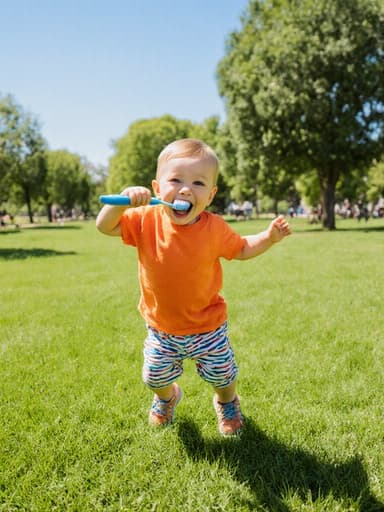 한 살 된 백인 남아가 밝은 색상의 티셔츠와 반바지를 입고, 손에 칫솔을 들고 점프하며 즐겁게 웃고 있는 전신 사진입니다. 푸른 잔디와 나무들이 있는 공원에서 맑은 하늘 아래 어린 시절의 행복과 치아 위생의 중요성을 보여주고 있습니다.