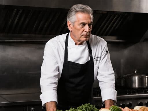 50대의 혼혈 남성이 흰색 요리사 복장과 검정색 앞치마를 착용하고 현대적인 주방 조리대에 서서 재료를 바라보며 심각한 표정을 짓고 있는 반신 촬영의 이미지로, 세련되고 현대적인 주방을 배경으로 하고 있습니다.