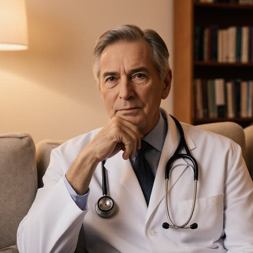50대 백인 남성이 전통적인 의사 복장을 착용하고 흰색 겉옷과 청진기를 갖춘 채로 소파에 앉아 손을 턱에 대고 깊은 생각에 잠겨 있는 모습의 상반신 사진입니다. 배경은 책장이 있는 조용한 거실로, 따뜻한 느낌의 조명이 켜져 있어 그의 사색적인 분위기를 더욱 강조하고 있습니다.