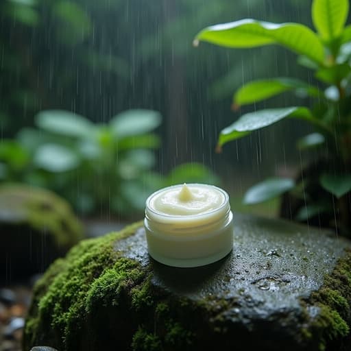 이 손 크림은 이끼가 있는 바위에 놓여 있고, 풍부한 초록 식물들로 둘러싸여 있으며, 비가 부드럽게 내리고, 깊이 흐림이 흐려지고, 물방울의 부드러운 반사가 있으면, 고요하고 평화로운 분위기를 자아냅니다.