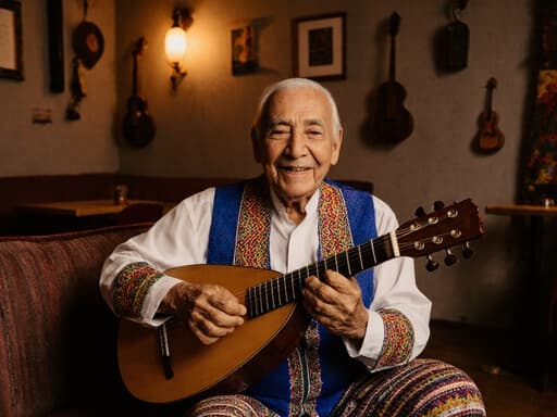 70대의 만족스러운 라틴계 남성이 아늑한 카페의 푹신한 소파에 편안하게 앉아 있는 반신 샷. 그는 전통적인 의상을 입고 있으며, 손에는 전통 악기를 들고 있습니다. 주변은 그의 문화 유산을 반영하는 장식들로 꾸며져 있어 따뜻하고 매력적인 분위기를 자아냅니다.