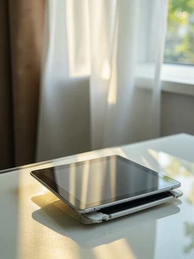 태블릿, 세련된 디자인, 유리 표면, 창가로 비치는 자연광, 아침의 분위기