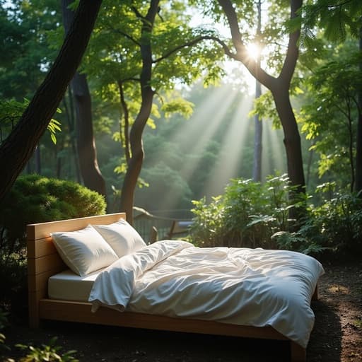 푸른 숲속의 싱글 침대, 아침 이슬이 나뭇잎에 반짝이며 평화로운 분위기를 연출합니다.