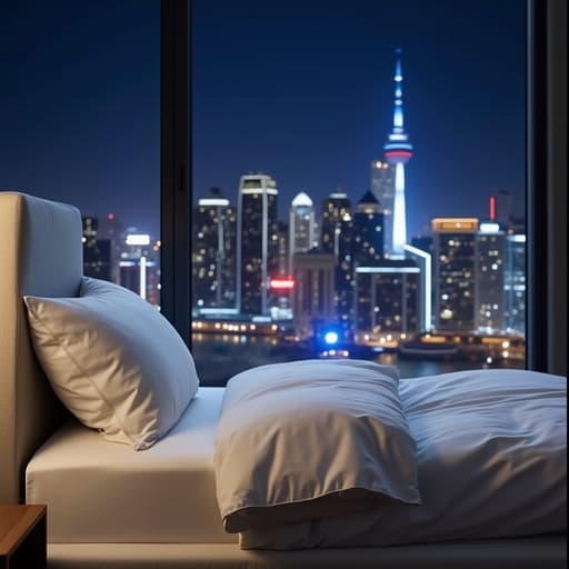 싱글 침대, 가구, 반짝이는 도시의 야경, 아늑하고 현대적이며 도시적인