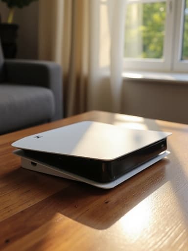 따뜻한 오후의 햇살 속 나무 테이블 위의 게임 콘솔, 차분하고 초대하는 분위기.