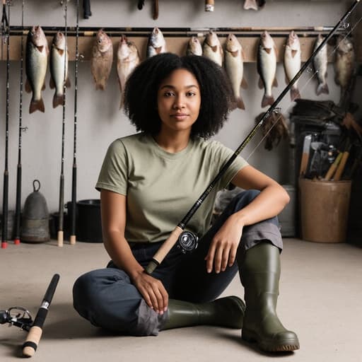 20대 혼혈 여성의 반신 샷으로, 어업 작업 공간 바닥에 앉아 있습니다. 그녀는 편안한 어업용 티셔츠와 작업용 바지를 입고 방수 부츠를 착용하고 있으며, 낚싯대를 들고 있습니다. 배경은 다양한 어업 장비가 보여주는 진정한 어업 환경을 만들어냅니다.