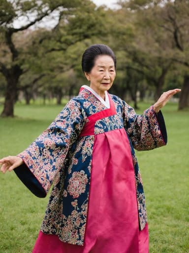 80대의 백인 여성으로 전통적인 한국의 한복을 입고, 지루한 표정을 지으며 평화로운 공원에서 춤을 추고 있는 모습입니다. 부드러운 자연광이 그녀의 의상과 주변 자연의 아름다움을 강조합니다.