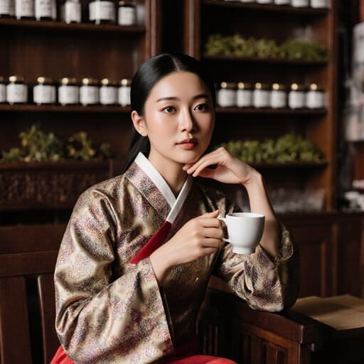 고급스러운 전통 한복을 입은 자신감 있는 20대 흑인 여성이 아늑한 한의원에서 커피컵을 부드럽게 쥐고 생각에 잠긴 모습, 세련됨과 차분함을 발산합니다.