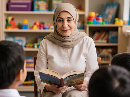 60대 중동계 여성이 아늑한 유치원에서 아이들에게 책을 읽어주는 평온한 장면, 편안한 블라우스와 바지를 입고 아이들에게 이야기하는 모습이 따뜻하고 초대하는 배경 속에서 펼쳐집니다.