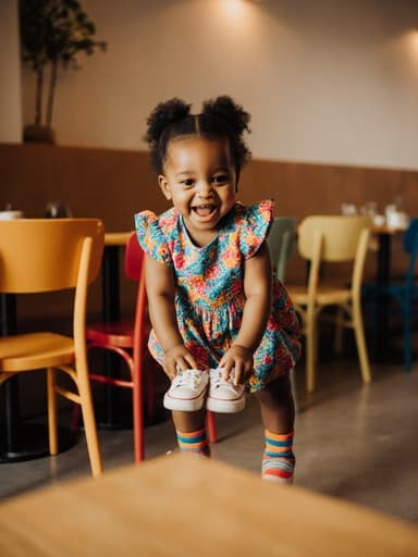 밝은 색상의 원피스와 귀여운 양말을 입은 활발한 1세의 흑인 여성 아기가 아늑한 카페에서 다양한 색상의 의자와 테이블이 있는 배경 속에서 신발을 신기 위해 점프하는 모습입니다.