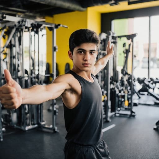 편안한 운동복을 입은 자신감 넘치는 중동계 10대 소년이 현대적인 헬스장 배경에서 두 팔을 벌리고 활기찬 운동 자세를 취하며 운동과 건강의 본질을 포착하고 있습니다.