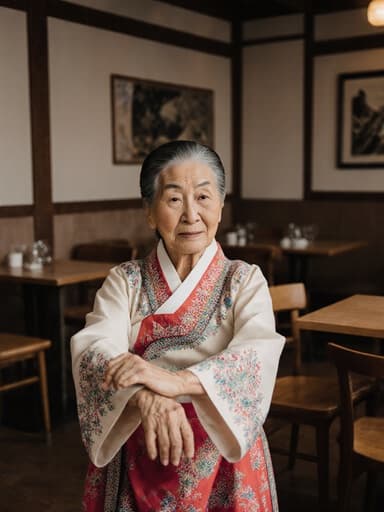 아늑한 카페에서 전통 한복을 입고 춤추는 노년 아시아 여성의 전신 사진으로, 문화적 아름다움과 약간의 긴장감을 표현하고 있습니다.