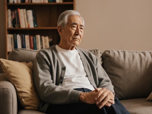 편안한 티셔츠와 카디건을 입은 60대 한국인 남성이 신뢰감 있는 외모로, 무릎 위에 손을 올리고 크로스 레그로 앉아 있는 반신 사진입니다. 그의 표정은 불안하고 걱정스러운 느낌을 주며, 아늑한 거실 배경에는 소파와 책장이 보입니다. 전체적으로 따뜻하고 초대하는 분위기를 연출하고 있습니다.
